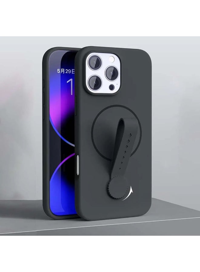 Magnetic Silicone Phone Case With 360 Degree Rotating Finger Band Mobile Phones Cover for Iphone 12/12 Pro (Black)