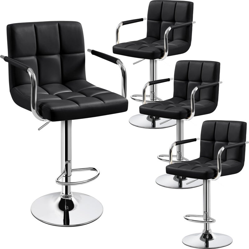 Yaheetech Bart Stools Set of 4 PU Leather Adjustable Barstools with Armrest Counter Height Stool Chairs with Thickened Seat Cushion for Kitchen Island Black