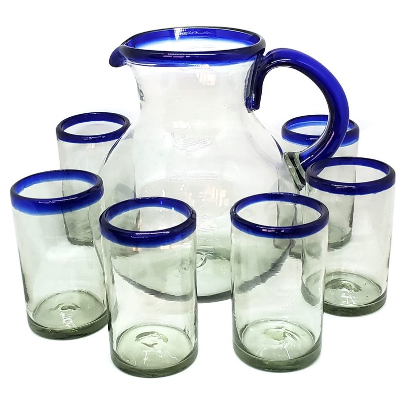 MexHandcraft Cobalt Blue Rim 120 oz Pitcher and 6 Drinking Glasses set Recycled Glass Leadfree ToxinFree Pitcher  Glasses