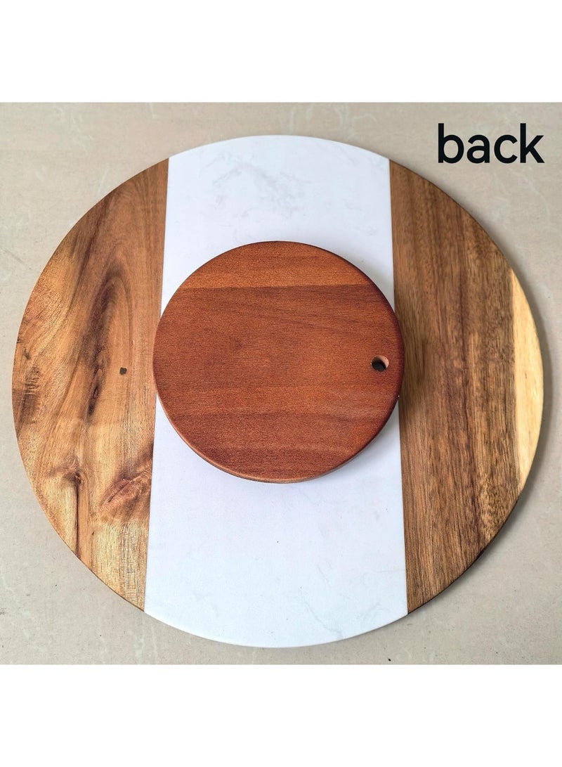 36cm Marble and Acacia Wood Lazy Susan 360 Rotating Serving Tray, Brown & Grey - Image 3