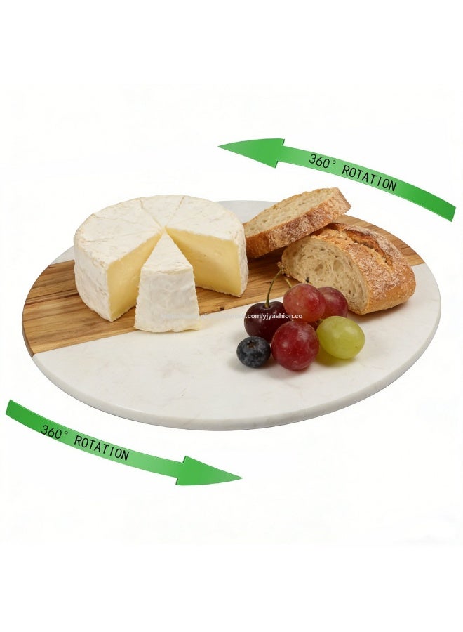 36cm Marble and Acacia Wood Lazy Susan 360 Rotating Serving Tray, Brown & Grey - Image 5