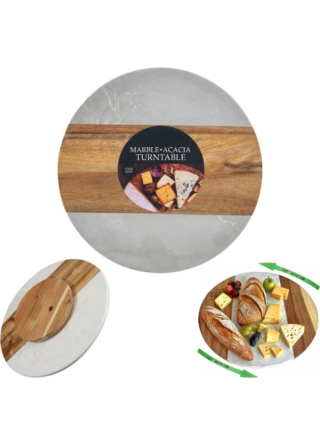 36cm Marble and Acacia Wood Lazy Susan 360 Rotating Serving Tray, Brown & Grey - Image 1