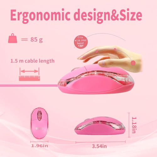 SOON GO Pink Mouse,Computer Mouse,with 1.5m Pink USB Cable - Compatible with Windows, Linux, Mac, Laptop, PC & Desktop - Ideal for Office, Home, Business, School, Kids & Women - Image 2