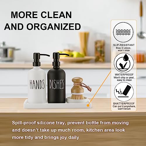 eggs sound Glass Soap Dispenser for Kitchen, Farmhouse Dish Soap Dispenser&Hand Soap Dispenser Set,Rustproof Pump Soap Lotion Dispenser Set with Tray and Dish Brush,Kitchen Decor(Black&White) - Image 5