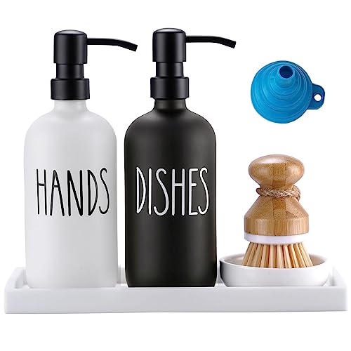 eggs sound Glass Soap Dispenser for Kitchen, Farmhouse Dish Soap Dispenser&Hand Soap Dispenser Set,Rustproof Pump Soap Lotion Dispenser Set with Tray and Dish Brush,Kitchen Decor(Black&White) - Image 1