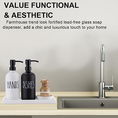 eggs sound Glass Soap Dispenser for Kitchen, Farmhouse Dish Soap Dispenser&Hand Soap Dispenser Set,Rustproof Pump Soap Lotion Dispenser Set with Tray and Dish Brush,Kitchen Decor(Black&White) - Image 2