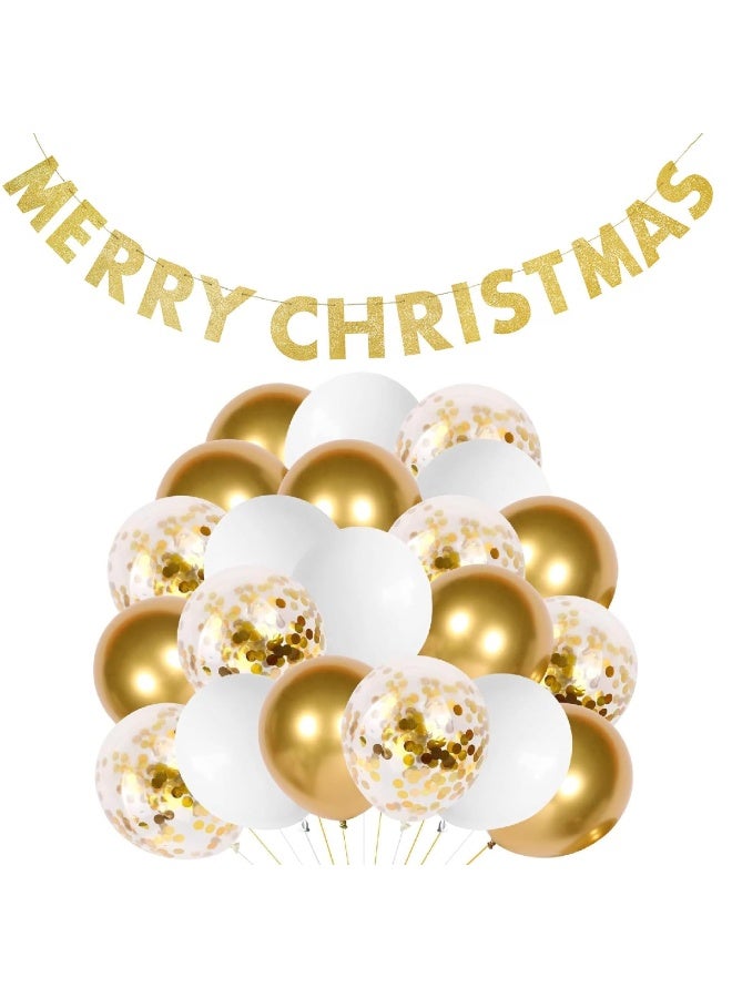 ThePartyPopper Merry Christmas Banner & Balloon Set – Gold Glitter Letter Banner with Gold, White & Confetti Balloons for Xmas Party Decorations - Image 1
