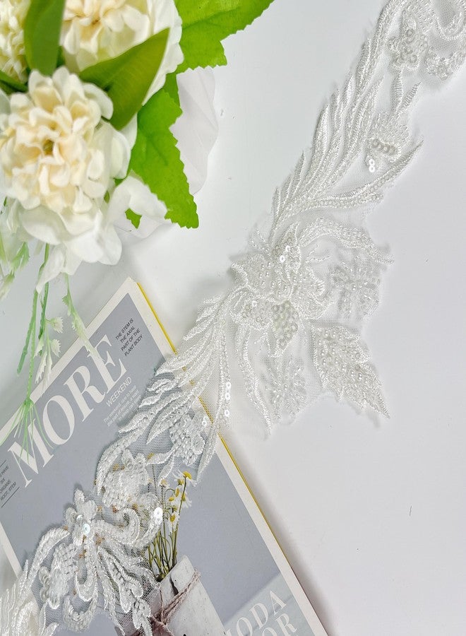 VIRFONOR 2yard Embroidered Lace Trim with Sequins and Beads,Floral Lace Appliqué Ribbon for Wedding Dresses, Gowns, Headpieces, DIY Sewing Crafts (Pattern A) - Image 1