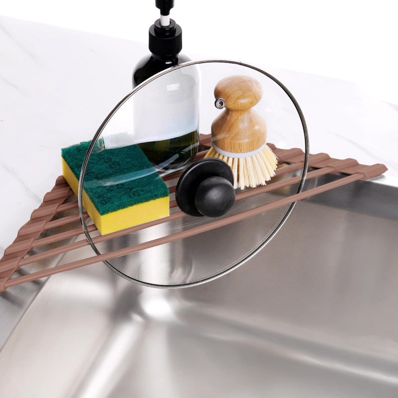 Tomorotec Compact Silicone-Coated Triangle Dish Drying Rack for Sink Corner - Foldable Stainless Steel Over-The-Sink Organizer and Storage Shelf (Coffee) - Image 4