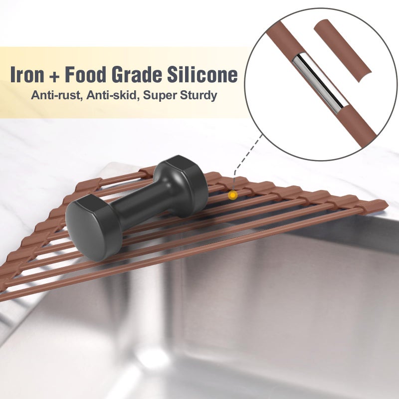 Tomorotec Compact Silicone-Coated Triangle Dish Drying Rack for Sink Corner - Foldable Stainless Steel Over-The-Sink Organizer and Storage Shelf (Coffee) - Image 3