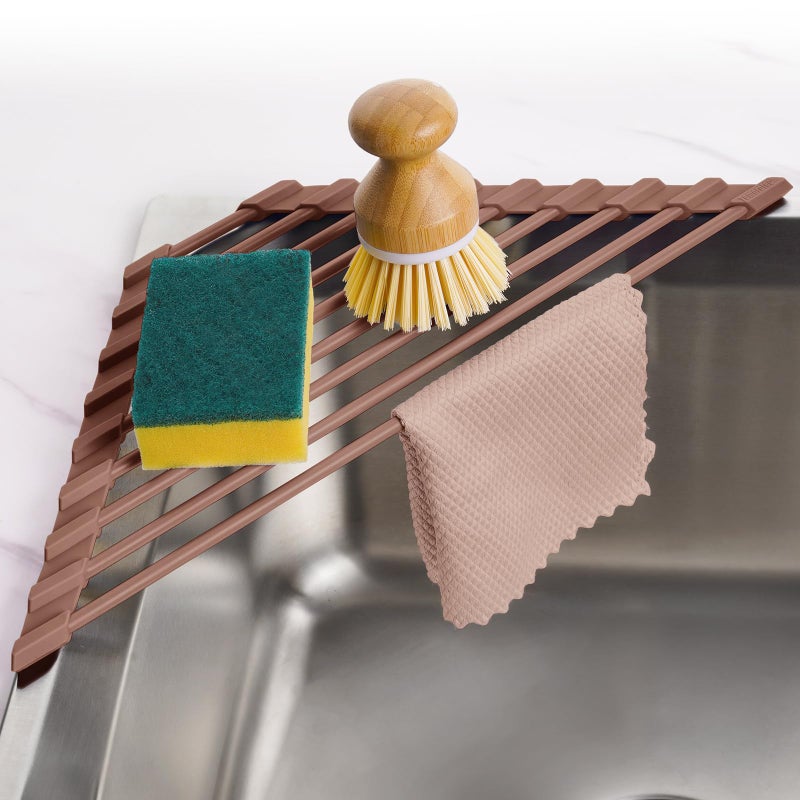 Tomorotec Compact Silicone-Coated Triangle Dish Drying Rack for Sink Corner - Foldable Stainless Steel Over-The-Sink Organizer and Storage Shelf (Coffee) - Image 1