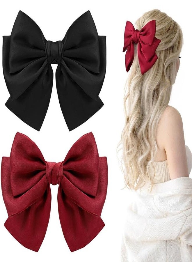 BELICIA 2PCS Luxury Big Satin Layered Hair Bows for Women Girls 7 Inch Black Red Barrette Hair Clip Large Silk Ribbon Bows French Style Hair Accessories (Black+Red) - Image 1