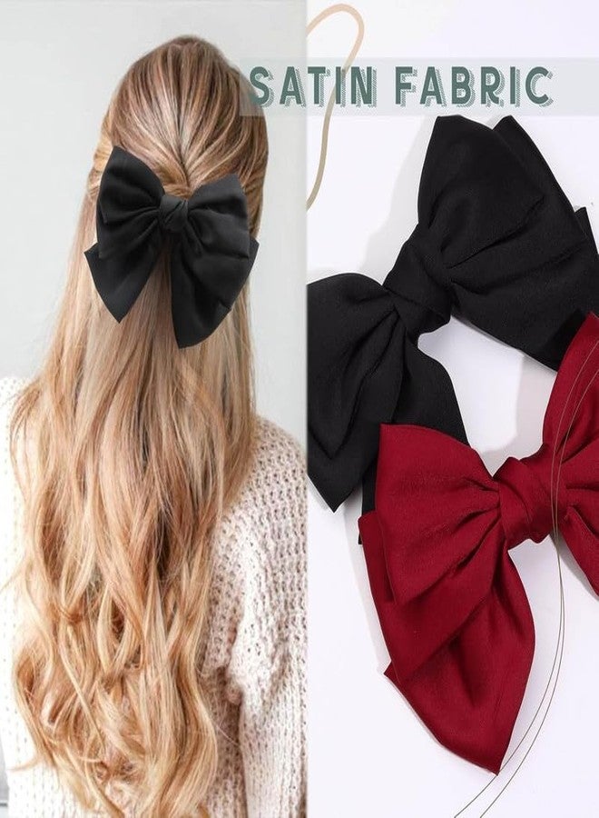 BELICIA 2PCS Luxury Big Satin Layered Hair Bows for Women Girls 7 Inch Black Red Barrette Hair Clip Large Silk Ribbon Bows French Style Hair Accessories (Black+Red) - Image 2