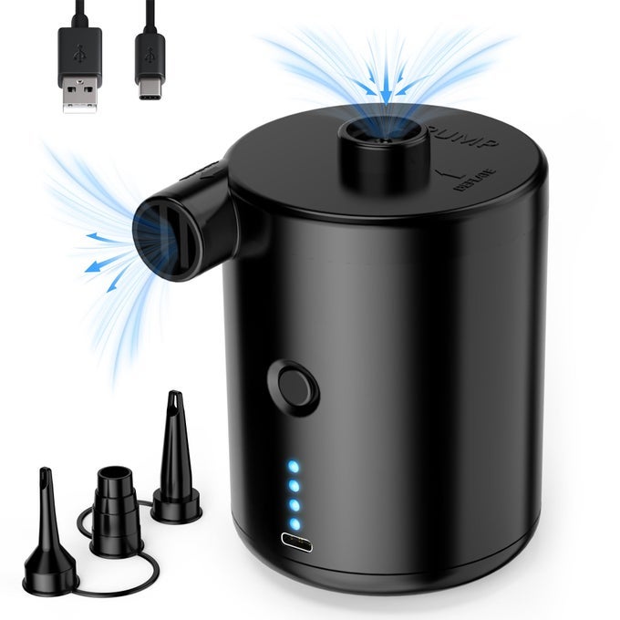 AIR PUMP FOR INFLATABLES RECHARGEABLE AIR PUMP BLACK PORTABLE AIR MATTRESS PUMP EFFICIENT INFLATION FOR INFLATABLES SLEEPING PADS PERFECT FOR TRAVEL CAMPING INCLUDES 4 NOZZLES