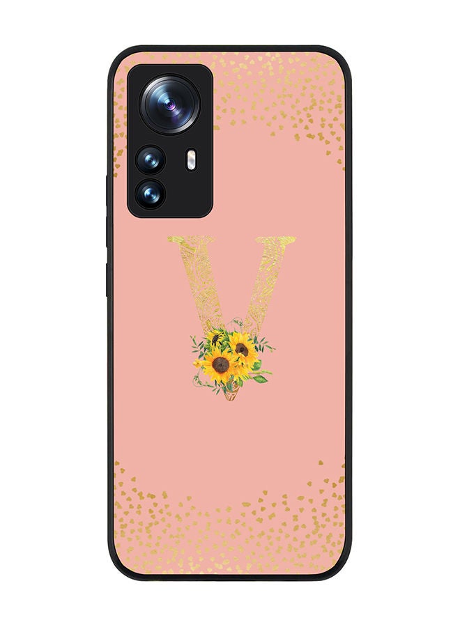 Stylizedd Rugged Black edge case for Xiaomi 12 Pro Slim fit Soft Case Flexible Rubber Edges Anti Drop TPU Gel Thin Cover - Custom Monogram Initial Letter Floral Pattern Alphabet - V (Rose Pink ) - Image 1