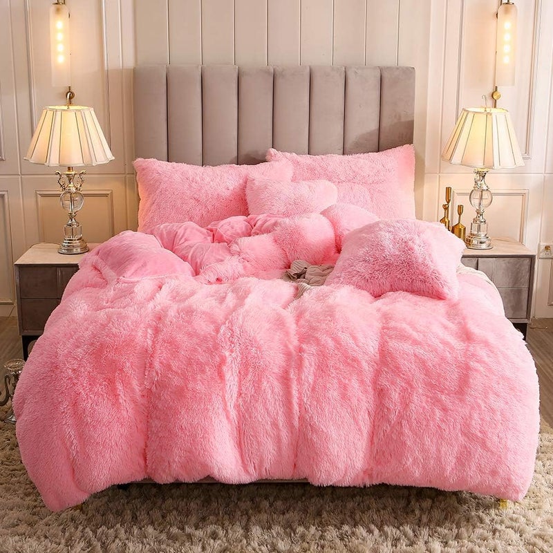 Uhamho Faux Fur Velvet Fluffy Bedding Duvet Cover Set Down Comforter Quilt Cover with Pillow Shams, Ultra Soft Warm and Durable (King, Pink) - Image 1
