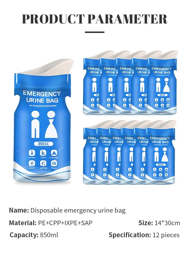 12 Pcs Disposable Urine Bags, 850ML Large Capacity Camping Pee Bags, Unisex Urinals Vomit Bags for Travel Urinal Toilet Traffic Jam Emergency Portable Toilet Bee Bag for Men Women Kids Patient