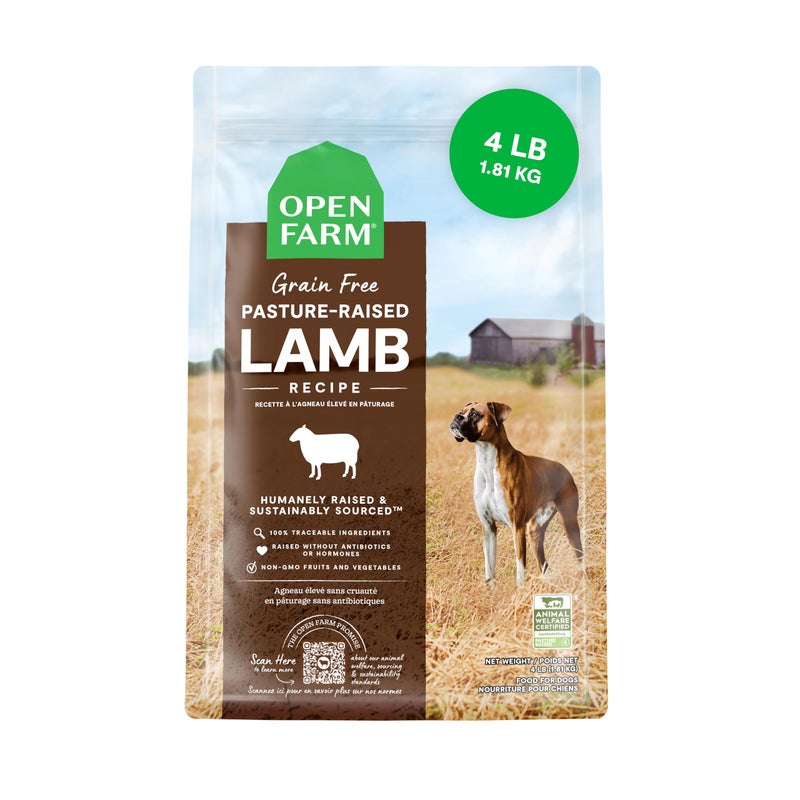 Open Farm GrainFree Dry Dog Food Complete Balanced Kibble Sustainably Ethically Sourced Ingredients NonGMO Veggies Superfoods Support Overall Health Pasture Raised Lamb Recipe 4lb Bag