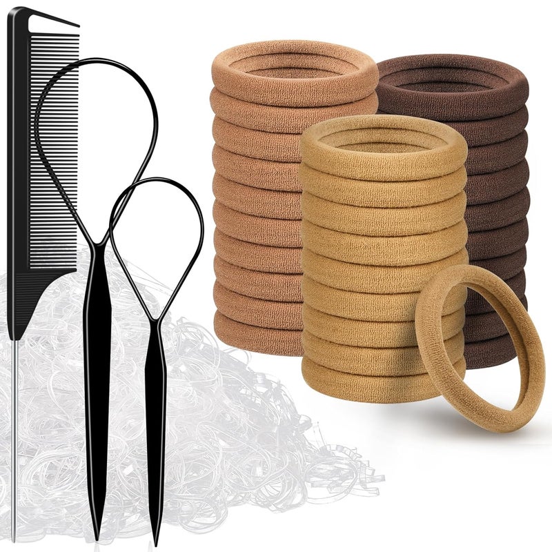 TsMADDTs Hair Ties for Women, TsMADDTs 30 Cotton Seamless Ties for Thick Hair, 500 Clear Elastic Bands, 2 Loop Tools and 1 Comb