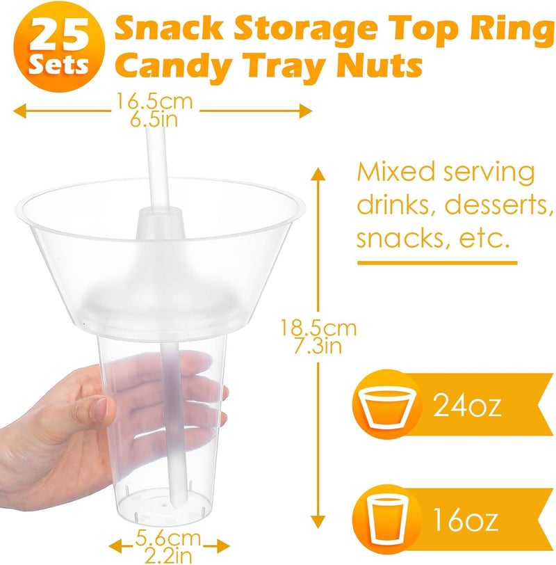 SiliFine 25 مجموعة من أكواب المشروبات والوجبات الخفيفة مع مصاصات مجموعة أكواب بلاستيكية قابلة للتخلص منها مع وعاء وجبة خفيفة مع حامل وجبة خفيفة لأكواب تناول الوجبات الخفيفة للبطاطس المقلية والدجاج المقلي والفواكه - Image 2