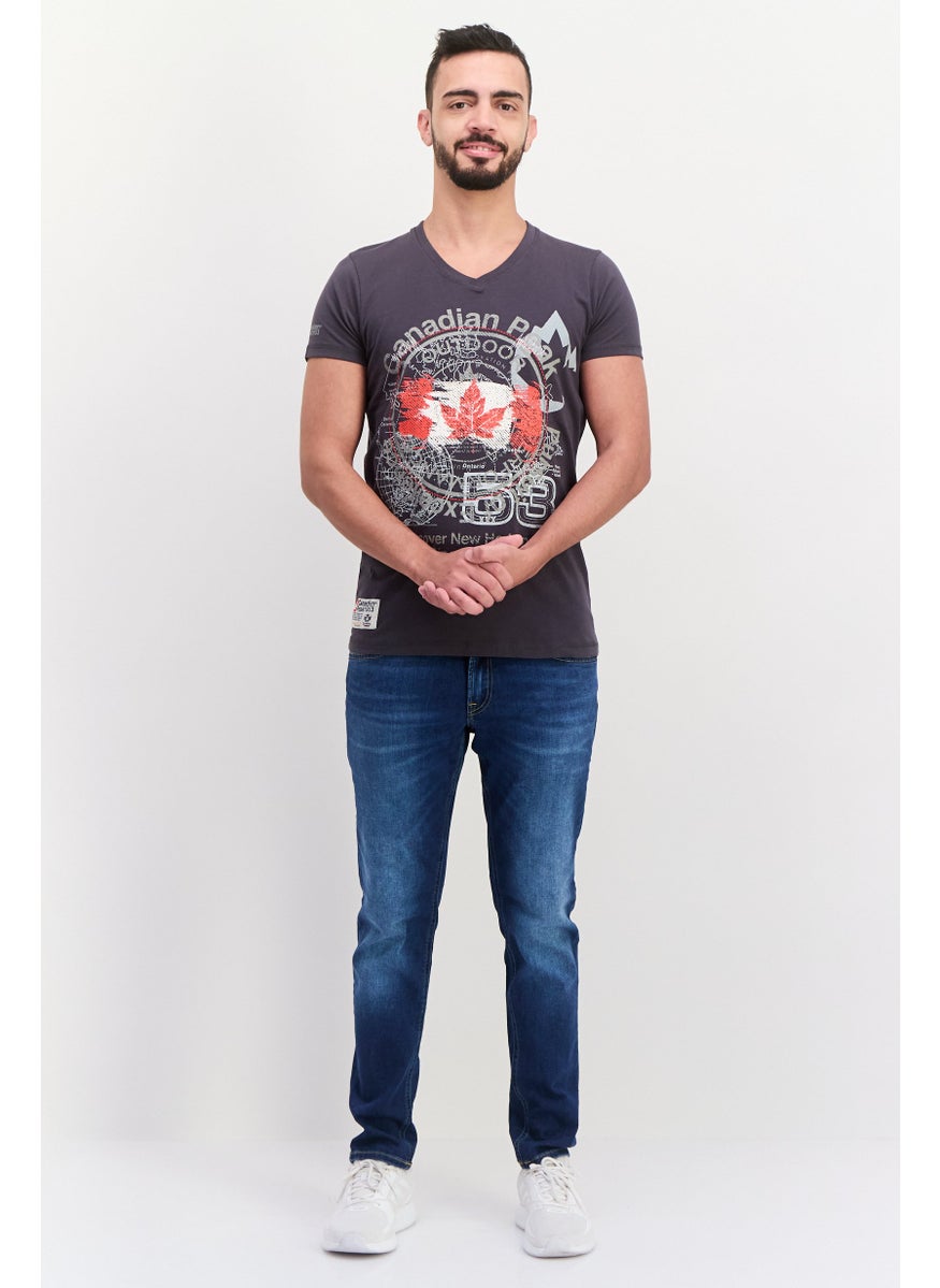 Canadian Peak - Men V-Neck Short Sleeves Embroidered T-Shirts, Dark Grey - Image 1