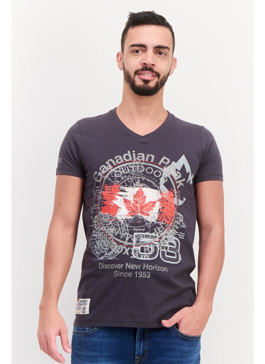 Canadian Peak - Men V-Neck Short Sleeves Embroidered T-Shirts, Dark Grey - Image 1