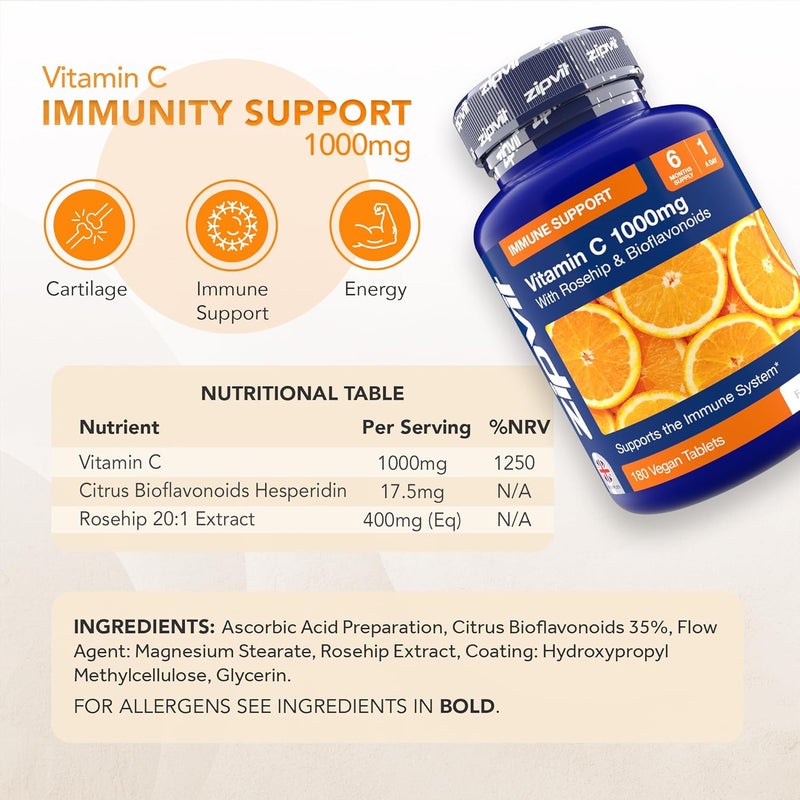Zipvit Vitamin C 1000mg 180 High Strength Vitamin C Tablets with Rosehip Bioflavonoids Vegan VIT C Supplement Supports The Immune System and Reduction of Tiredness and Fatigue - Image 5