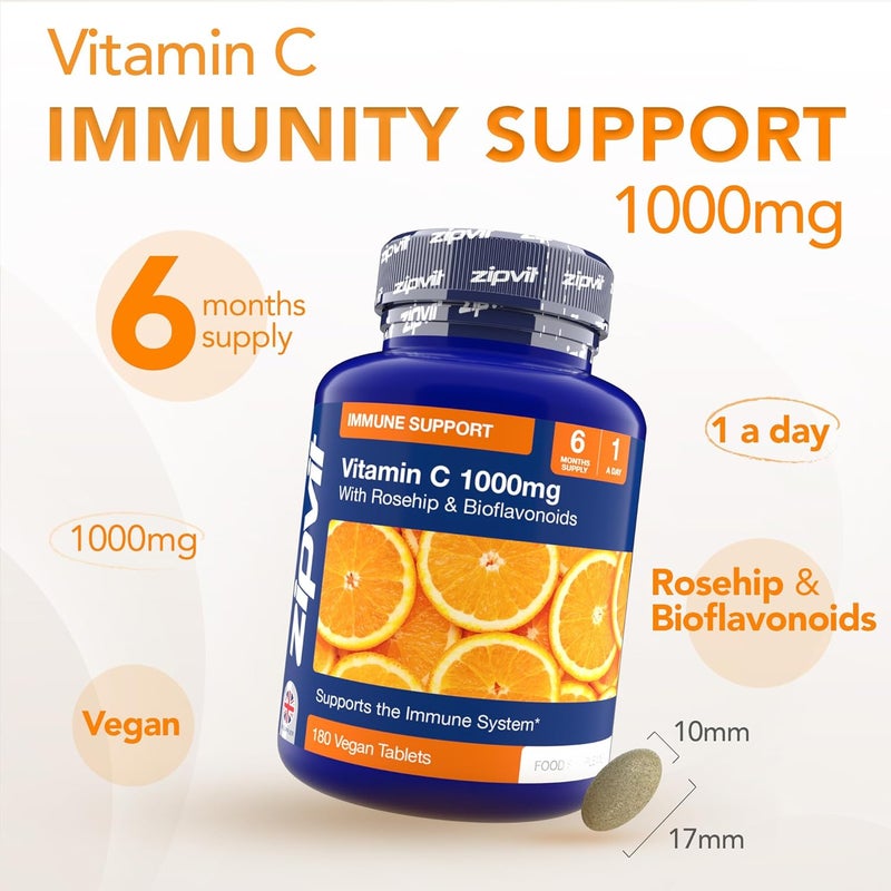 Zipvit Vitamin C 1000mg 180 High Strength Vitamin C Tablets with Rosehip Bioflavonoids Vegan VIT C Supplement Supports The Immune System and Reduction of Tiredness and Fatigue - Image 2