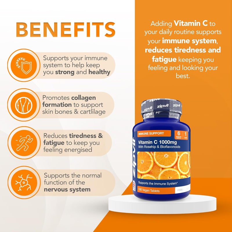 Zipvit Vitamin C 1000mg 180 High Strength Vitamin C Tablets with Rosehip Bioflavonoids Vegan VIT C Supplement Supports The Immune System and Reduction of Tiredness and Fatigue - Image 4