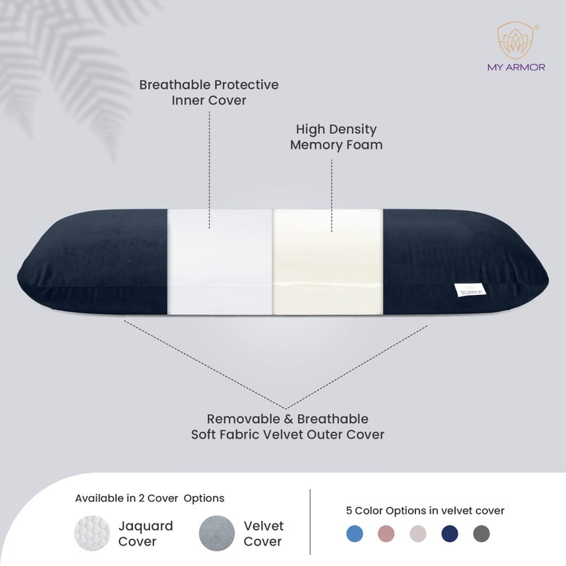 MY ARMOR وسادة نصفية من ميموري فوم MY ARMOR للحمل والعناق، وسادة طويلة مناسبة للنائمين على الجانب ودعم الظهر - غلاف مخملي - 30x10x5 بوصة، أزرق داكن - Image 2