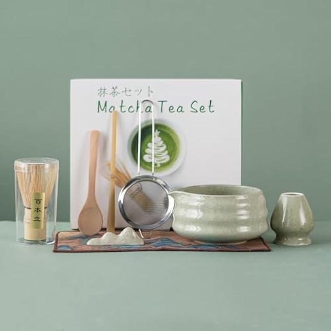 8 Pcs Matcha Whisk Set 21 Oz Matcha Green WavePatterned Bowl With Spout Natural Matcha Whisks Kit Gift For Matcha Lovers Beginner