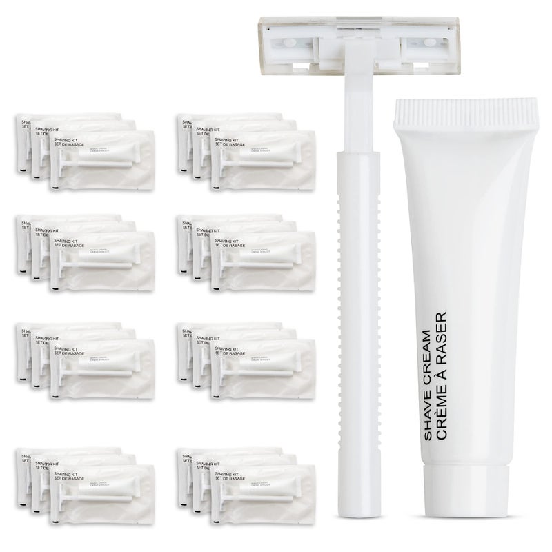 World Amenities Shave Kit Clear Frosted Sachet Hotel Amenities 48 count Includes Twin Blade Razor and Moisturizing Shave Cream