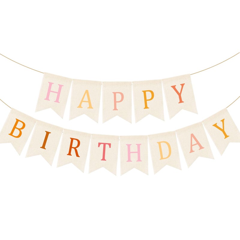 Doumeny Happy Birthday Burlap Banner Boho Birthday Bunting Garland Pink Bohemian Sign Flag White Birthday Hanging Banner Pastel Rainbow Party Decor for Home Mantel Fireplace Nursery Party Backdrop - Image 1
