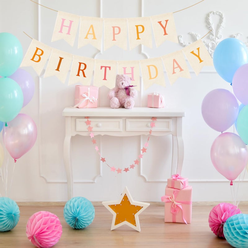 Doumeny Happy Birthday Burlap Banner Boho Birthday Bunting Garland Pink Bohemian Sign Flag White Birthday Hanging Banner Pastel Rainbow Party Decor for Home Mantel Fireplace Nursery Party Backdrop - Image 5