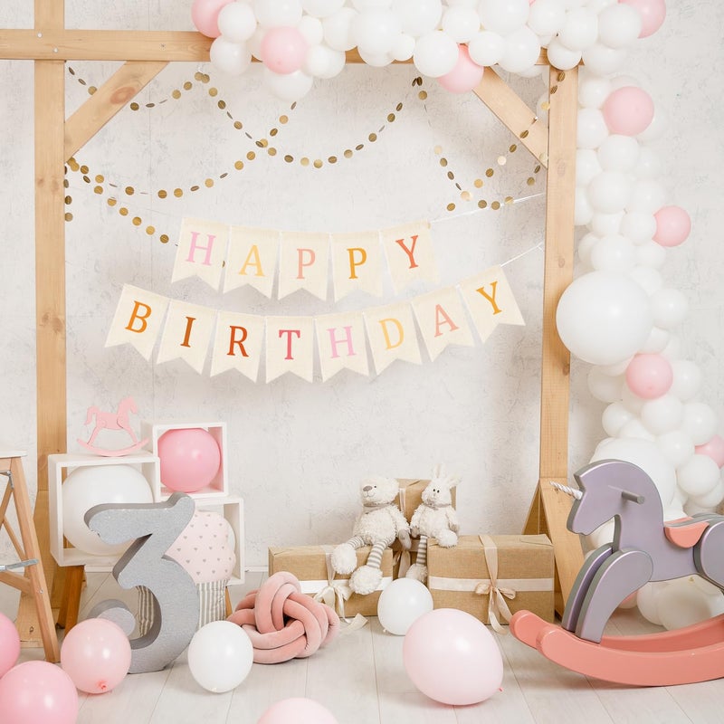 Doumeny Happy Birthday Burlap Banner Boho Birthday Bunting Garland Pink Bohemian Sign Flag White Birthday Hanging Banner Pastel Rainbow Party Decor for Home Mantel Fireplace Nursery Party Backdrop - Image 3