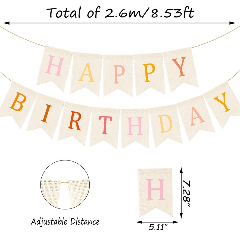Doumeny Happy Birthday Burlap Banner Boho Birthday Bunting Garland Pink Bohemian Sign Flag White Birthday Hanging Banner Pastel Rainbow Party Decor for Home Mantel Fireplace Nursery Party Backdrop - Image 2