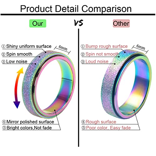 OreilleStar Anxiety Ring for Women Fidget Spinner Rings Fidget Toys Adults Titanium Stainless Steel Thumb Ring 6mm Wide Rainbow Size 10 - Image 4