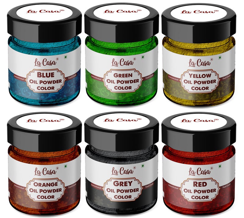 La Casa Oil Powder Food Color-RED+BLUE+GREEN+YELLOW+ORANGE+GREY | Highly Concentrated Edible Color | 10mlx6 | - Image 1