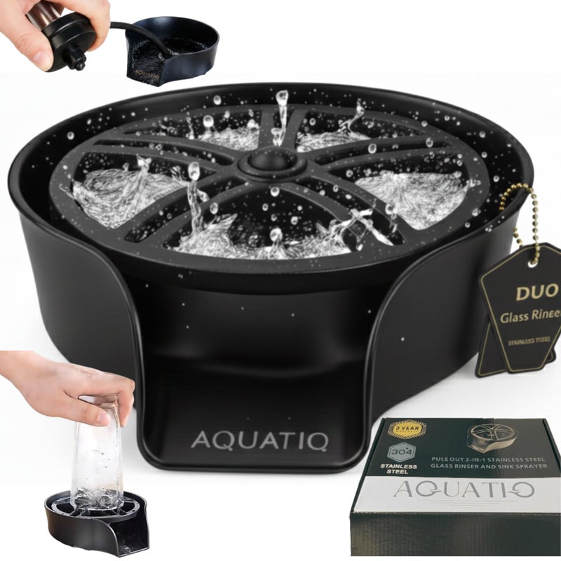 AquatiQ AquaDuo Glass Rinser and Kitchen Sink Sprayer Combo, Stainless Steel Cup Washer, Cup Cleaner, Bottle Washer, Glass Cleaner, Bar Sink Attachment, Pull Out Sprayer (Matte Black (Stainless Steel)) - Image 1