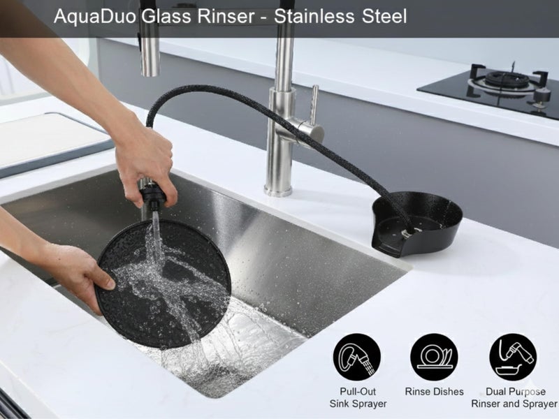 AquatiQ AquaDuo Glass Rinser and Kitchen Sink Sprayer Combo, Stainless Steel Cup Washer, Cup Cleaner, Bottle Washer, Glass Cleaner, Bar Sink Attachment, Pull Out Sprayer (Matte Black (Stainless Steel)) - Image 5