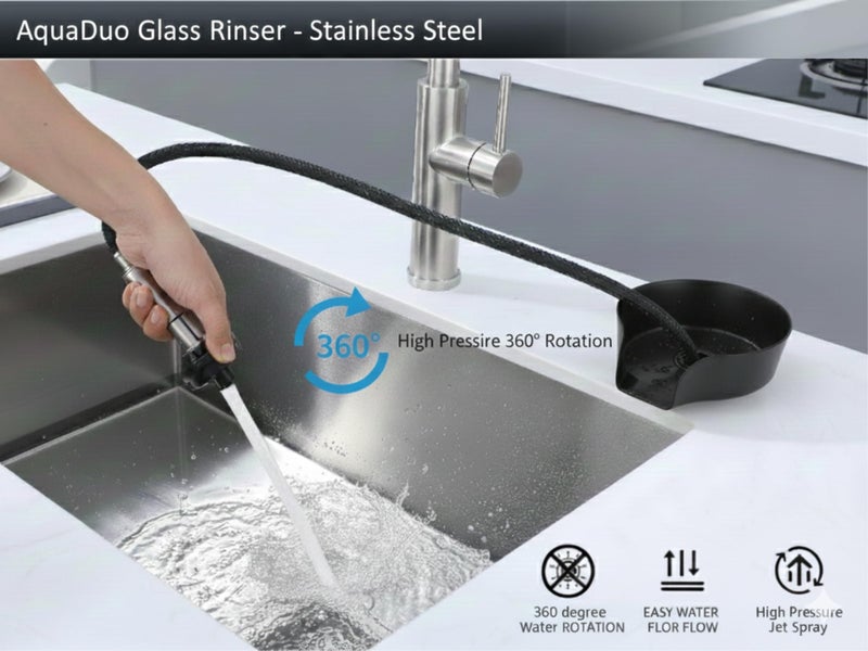 AquatiQ AquaDuo Glass Rinser and Kitchen Sink Sprayer Combo, Stainless Steel Cup Washer, Cup Cleaner, Bottle Washer, Glass Cleaner, Bar Sink Attachment, Pull Out Sprayer (Matte Black (Stainless Steel)) - Image 4