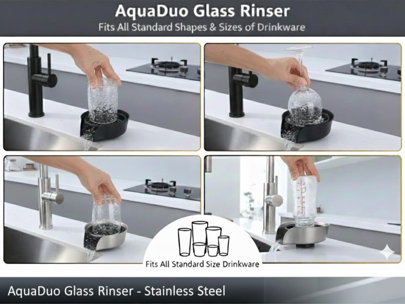 AquatiQ AquaDuo Glass Rinser and Kitchen Sink Sprayer Combo, Stainless Steel Cup Washer, Cup Cleaner, Bottle Washer, Glass Cleaner, Bar Sink Attachment, Pull Out Sprayer (Matte Black (Stainless Steel)) - Image 2