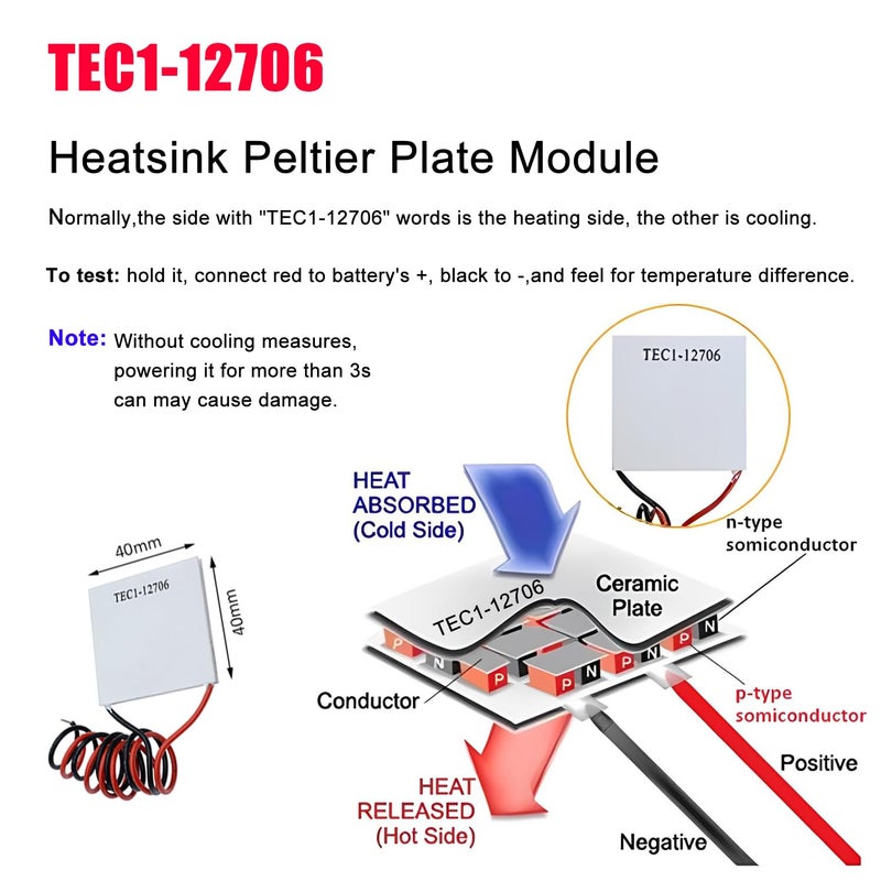 5 قطع من وحدة بلتيير TEC1-12706، مبرد كهروحراري من 12V 6A 60W مع مشتت حراري، لوحة تبريد بلتيير، وحدة بلتيير 40x40 مم متوافقة مع مروحة بلتيير/لوحة باردة - Image 2