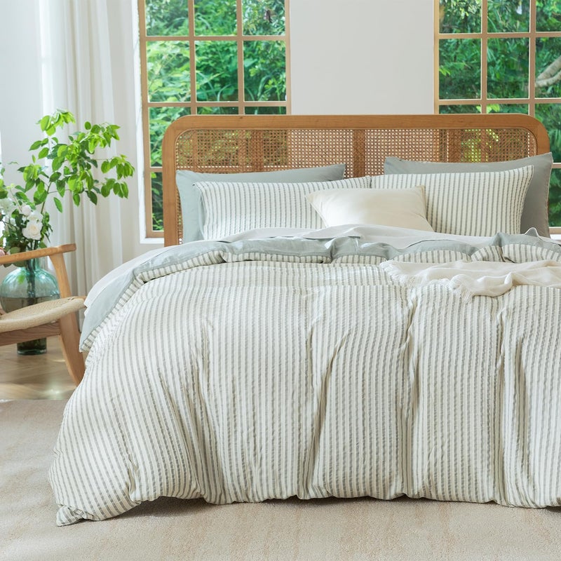 BUPIRD Sage Green Queen Size Comforter Set Striped 100% Soft Washed Microfiber Jacquard 3 Pieces Striped Bedding Sets Green White Comforter Queen for All Seasons and 2 Pillowcases Comfort Breathable - Image 1