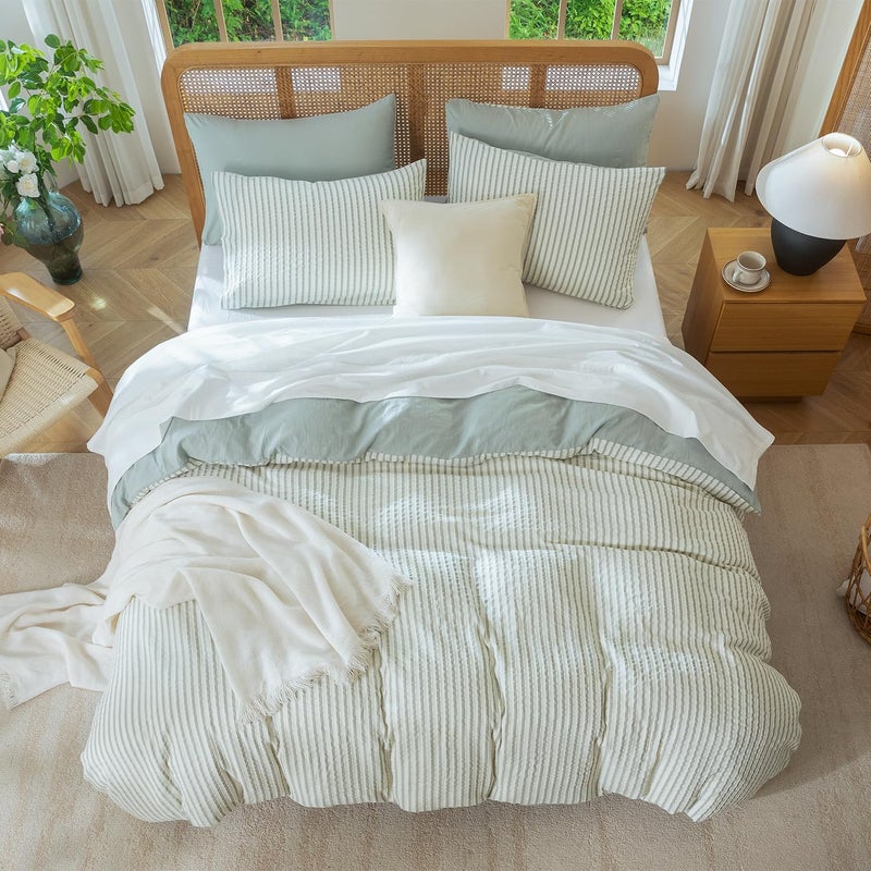 BUPIRD Sage Green Queen Size Comforter Set Striped 100% Soft Washed Microfiber Jacquard 3 Pieces Striped Bedding Sets Green White Comforter Queen for All Seasons and 2 Pillowcases Comfort Breathable - Image 5