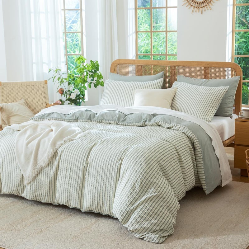 BUPIRD Sage Green Queen Size Comforter Set Striped 100% Soft Washed Microfiber Jacquard 3 Pieces Striped Bedding Sets Green White Comforter Queen for All Seasons and 2 Pillowcases Comfort Breathable - Image 4
