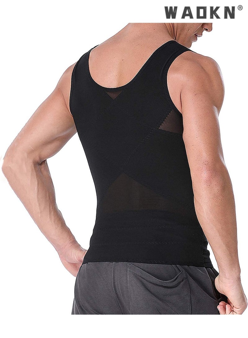 WAOKN Men Body Shaper Slimming Vest Tight Tank Top Compression Shirt Tummy Control Underwear Binder,Chest Body Posture Corrector Corset Sleeveless Vest Abdomen Control Underwear Shapewear THermal Tops - Image 4