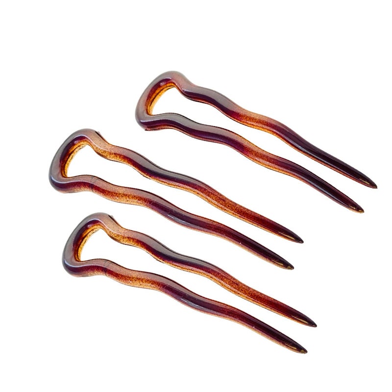 Parcelona French Mystic Shell 3 Inch Wavy Set of 3 Celluloid U Shaped Hair Pins for Hair Bun Style for Women and Girls Hair Styling Accessories Made in France