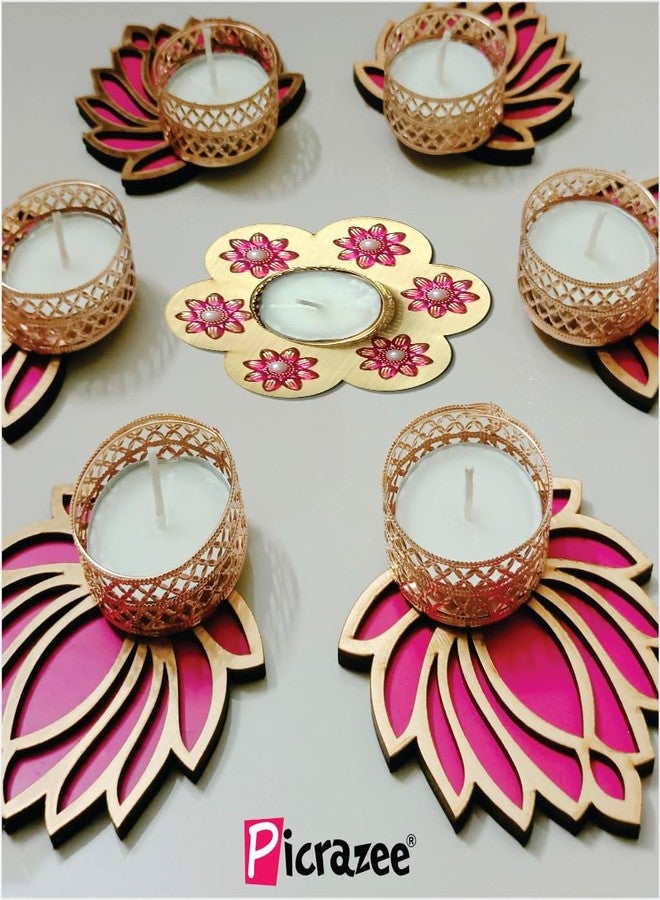Picrazee Wooden Lotus Tea Light Holder Set of 7 Handcrafted for Home Décor, Diwali Decoration, Festival Decoration and Gifting - Image 3