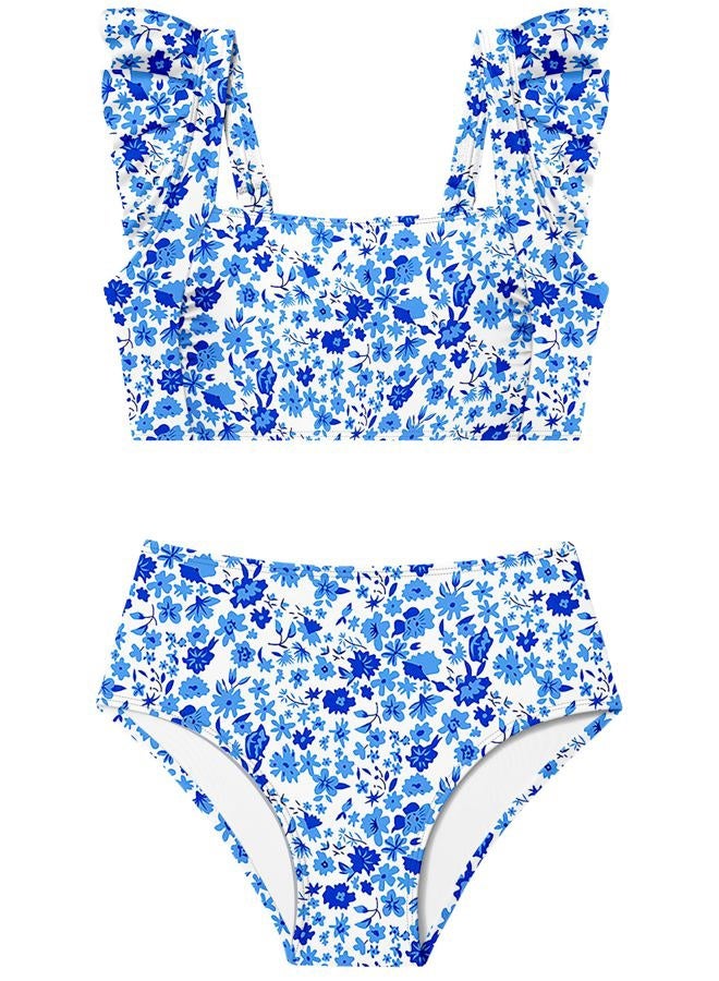 ZAANTI Girls 2 Piece Swimsuit Square Neck Ruched Ruffle Trim Bikini Sets Adjustable Straps Bathing Suit for Teen Girls 9-16Y, Blue＋floral, 9-10 Years - Image 1